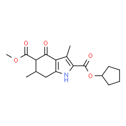ChemSpider 2D Image | 2-Cyclopentyl 5-methyl 3,6-dimethyl-4-oxo-4,5,6,7-tetrahydro-1H-indole-2,5-dicarboxylate | C18H23NO5