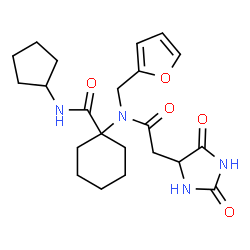 ChemSpider 2D Image | N-Cyclopentyl-1-{[(2,5-dioxo-4-imidazolidinyl)acetyl](2-furylmethyl)amino}cyclohexanecarboxamide | C22H30N4O5