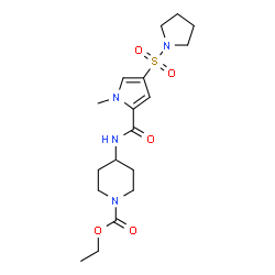 ChemSpider 2D Image | Ethyl 4-({[1-methyl-4-(1-pyrrolidinylsulfonyl)-1H-pyrrol-2-yl]carbonyl}amino)-1-piperidinecarboxylate | C18H28N4O5S