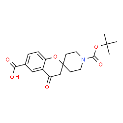 ChemSpider 2D Image | 1'-{[(2-Methyl-2-propanyl)oxy]carbonyl}-4-oxo-3,4-dihydrospiro[chromene-2,4'-piperidine]-6-carboxylic acid | C19H23NO6