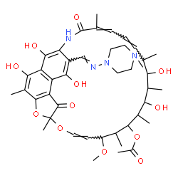 ChemSpider 2D Image | (9Z,19Z,21Z)-2,15,17,27,29-Pentahydroxy-11-methoxy-3,7,12,14,16,18,22-heptamethyl-26-{(E)-[(4-methyl-1-piperazinyl)imino]methyl}-6,23-dioxo-8,30-dioxa-24-azatetracyclo[23.3.1.1~4,7~.0~5,28~]triaconta-
1(28),2,4,9,19,21,25(29),26-octaen-13-yl acetate | C43H58N4O12