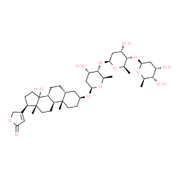 ChemSpider 2D Image | (3beta,5beta,14xi)-3-{[2,6-Dideoxy-beta-D-ribo-hexopyranosyl-(1->4)-2,6-dideoxy-beta-D-ribo-hexopyranosyl-(1->4)-2,6-dideoxy-beta-D-ribo-hexopyranosyl]oxy}-14-hydroxycard-20(22)-enolide | C41H64O13