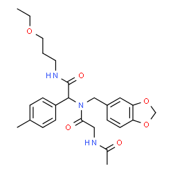 ChemSpider 2D Image | N~2~-Acetyl-N-(1,3-benzodioxol-5-ylmethyl)-N-{2-[(3-ethoxypropyl)amino]-1-(4-methylphenyl)-2-oxoethyl}glycinamide | C26H33N3O6
