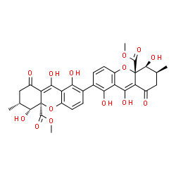 ChemSpider 2D Image | Dimethyl (5R,5'S,6R,6'S,10aR,10a'S)-1,1',5,5',9,9'-hexahydroxy-6,6'-dimethyl-8,8'-dioxo-5,5',6,6',7,7',8,8'-octahydro-10aH,10a'H-2,2'-bixanthene-10a,10a'-dicarboxylate | C32H30O14