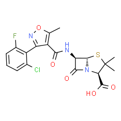 ChemSpider 2D Image | (2R,5S,6R)-6-({[3-(2-Chloro-6-fluorophenyl)-5-methyl-1,2-oxazol-4-yl]carbonyl}amino)-3,3-dimethyl-7-oxo-4-thia-1-azabicyclo[3.2.0]heptane-2-carboxylic acid | C19H17ClFN3O5S