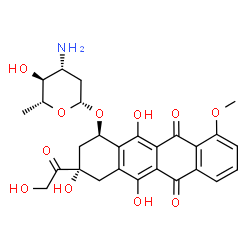 ChemSpider 2D Image | (1R,3S)-3-Glycoloyl-3,5,12-trihydroxy-10-methoxy-6,11-dioxo-1,2,3,4,6,11-hexahydro-1-tetracenyl 3-amino-2,3,6-trideoxy-beta-D-arabino-hexopyranoside | C27H29NO11