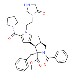 ChemSpider 2D Image | Methyl (3bR,4R,6aR)-5-benzoyl-4-benzyl-1-[2-(5-oxo-1-imidazolidinyl)ethyl]-2-(1-pyrrolidinylcarbonyl)-3b,4,5,6,6a,7-hexahydro-1H-pyrrolo[3',4':3,4]cyclopenta[1,2-b]pyrrole-4-carboxylate | C35H39N5O5