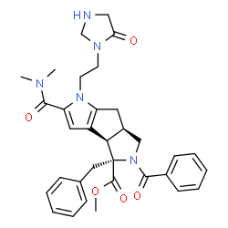 ChemSpider 2D Image | Methyl (3bR,4R,6aR)-5-benzoyl-4-benzyl-2-(dimethylcarbamoyl)-1-[2-(5-oxo-1-imidazolidinyl)ethyl]-3b,4,5,6,6a,7-hexahydro-1H-pyrrolo[3',4':3,4]cyclopenta[1,2-b]pyrrole-4-carboxylate | C33H37N5O5