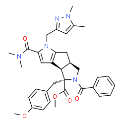 ChemSpider 2D Image | Methyl (3bR,4R,6aR)-5-benzoyl-2-(dimethylcarbamoyl)-1-[(1,5-dimethyl-1H-pyrazol-3-yl)methyl]-4-(4-methoxybenzyl)-3b,4,5,6,6a,7-hexahydro-1H-pyrrolo[3',4':3,4]cyclopenta[1,2-b]pyrrole-4-carboxylate | C35H39N5O5