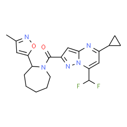 ChemSpider 2D Image | [5-Cyclopropyl-7-(difluoromethyl)pyrazolo[1,5-a]pyrimidin-2-yl][2-(3-methyl-1,2-oxazol-5-yl)-1-azepanyl]methanone | C21H23F2N5O2