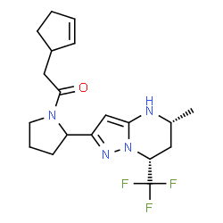 ChemSpider 2D Image | 2-(2-Cyclopenten-1-yl)-1-{2-[(5R,7R)-5-methyl-7-(trifluoromethyl)-4,5,6,7-tetrahydropyrazolo[1,5-a]pyrimidin-2-yl]-1-pyrrolidinyl}ethanone | C19H25F3N4O