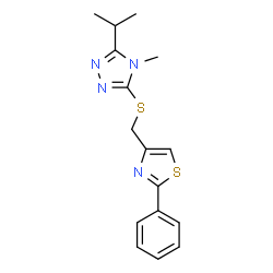 ChemSpider 2D Image | 3-Isopropyl-4-methyl-5-{[(2-phenyl-1,3-thiazol-4-yl)methyl]sulfanyl}-4H-1,2,4-triazole | C16H18N4S2
