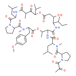 ChemSpider 2D Image | 1-Pyruvoylprolyl-N-[10-sec-butyl-11-hydroxy-20-isobutyl-15-isopropyl-3-(4-methoxybenzyl)-2,6,17-trimethyl-1,4,8,13,16,18,21-heptaoxodocosahydro-15H-pyrrolo[2,1-f][1,15,4,7,10,20]dioxatetraazacyclotric
osin-7-yl]-N~2~-methylleucinamide | C57H87N7O15