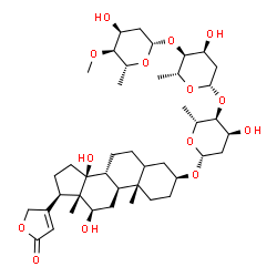 ChemSpider 2D Image | (3beta,12beta)-3-{[2,6-Dideoxy-4-O-methyl-beta-D-ribo-hexopyranosyl-(1->4)-2,6-dideoxy-beta-D-ribo-hexopyranosyl-(1->4)-2,6-dideoxy-beta-D-ribo-hexopyranosyl]oxy}-12,14-dihydroxycard-20(22)-enolide | C42H66O14