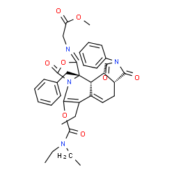 ChemSpider 2D Image | Methyl N-{(8aR,11aS,11bR,11cS)-11c-benzyl-5-[(diethylcarbamoyl)oxy]-6-ethyl-3,9,11-trioxo-10-phenyl-8,8a,9,10,11,11a,11b,11c-octahydro-1H-[1,3]oxazolo[4,3-a]pyrrolo[3,4-h]isoquinolin-1-ylidene}glycina
te | C36H38N4O8