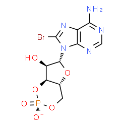 ChemSpider 2D Image | (4aR,6R,7R,7aS)-6-(6-Amino-8-bromo-9H-purin-9-yl)-7-hydroxytetrahydro-4H-furo[3,2-d][1,3,2]dioxaphosphinin-2-olate 2-oxide | C10H10BrN5O6P