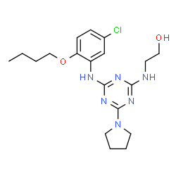 ChemSpider 2D Image | 2-[[4-(2-butoxy-5-chloroanilino)-6-(1-pyrrolidinyl)-1,3,5-triazin-2-yl]amino]ethanol | C19H27ClN6O2