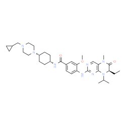 ChemSpider 2D Image | N-{cis-4-[4-(Cyclopropylmethyl)-1-piperazinyl]cyclohexyl}-4-{[(7R)-7-ethyl-8-isopropyl-5-methyl-6-oxo-5,6,7,8-tetrahydro-2-pteridinyl]amino}-3-methoxybenzamide | C34H50N8O3