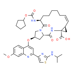 ChemSpider 2D Image | (2R,6S,12Z,13aR,14aR,16aS)-6-{[(Cyclopentyloxy)carbonyl]amino}-2-({2-[2-(isopropylamino)-1,3-thiazol-4-yl]-7-methoxy-4-quinolinyl}oxy)-5,16-dioxo-1,2,3,6,7,8,9,10,11,13a,14,15,16,16a-tetradecahydrocyc
lopropa[e]pyrrolo[1,2-a][1,4]diazacyclopentadecine-14a(5H)-carboxylic acid | C40H50N6O8S
