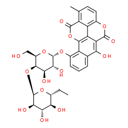 ChemSpider 2D Image | 6-Hydroxy-1-methyl-5,12-dioxo-5,12-dihydrobenzo[h]chromeno[5,4,3-cde]chromen-10-yl 4-O-[(5R)-5-ethyl-alpha-D-xylopyranosyl]-alpha-D-galactopyranoside | C32H32O15
