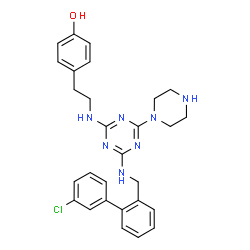 ChemSpider 2D Image | 4-(2-{[4-{[(3'-Chloro-2-biphenylyl)methyl]amino}-6-(1-piperazinyl)-1,3,5-triazin-2-yl]amino}ethyl)phenol | C28H30ClN7O
