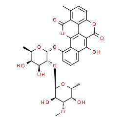 ChemSpider 2D Image | 6-Hydroxy-1-methyl-5,12-dioxo-5,12-dihydrobenzo[h]chromeno[5,4,3-cde]chromen-10-yl 6-deoxy-2-O-(6-deoxy-3-O-methyl-alpha-D-galactopyranosyl)-alpha-D-galactopyranoside | C32H32O14