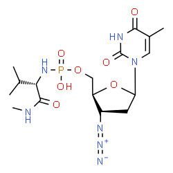 ChemSpider 2D Image | [(2S)-3-Azido-5-(5-methyl-2,4-dioxo-3,4-dihydro-1(2H)-pyrimidinyl)tetrahydro-2-furanyl]methyl hydrogen [(2S)-3-methyl-1-(methylamino)-1-oxo-2-butanyl]phosphoramidate | C16H26N7O7P