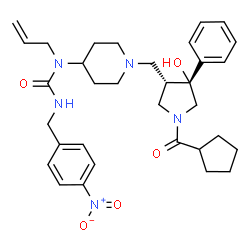 ChemSpider 2D Image | 1-Allyl-1-(1-{[(3S,4R)-1-(cyclopentylcarbonyl)-4-hydroxy-4-phenyl-3-pyrrolidinyl]methyl}-4-piperidinyl)-3-(4-nitrobenzyl)urea | C33H43N5O5
