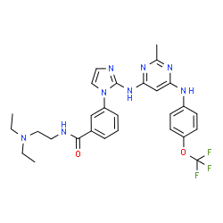 ChemSpider 2D Image | N-[2-(Diethylamino)ethyl]-3-{2-[(2-methyl-6-{[4-(trifluoromethoxy)phenyl]amino}-4-pyrimidinyl)amino]-1H-imidazol-1-yl}benzamide | C28H31F3N8O2