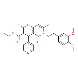 ChemSpider 2D Image | Ethyl 2-amino-6-[2-(3,4-dimethoxyphenyl)ethyl]-7-methyl-5-oxo-4-(4-pyridinyl)-5,6-dihydro-4H-pyrano[3,2-c]pyridine-3-carboxylate | C27H29N3O6