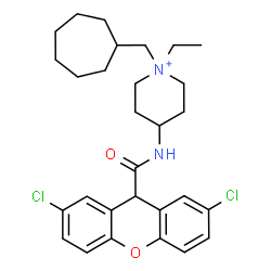 ChemSpider 2D Image | 1-(Cycloheptylmethyl)-4-{[(2,7-dichloro-9H-xanthen-9-yl)carbonyl]amino}-1-ethylpiperidinium | C29H37Cl2N2O2