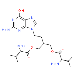 ChemSpider 2D Image | 2-({[(2S)-2-Amino-3-methylbutanoyl]oxy}methyl)-4-(2-amino-6-oxo-1,6-dihydro-9H-purin-9-yl)butyl (2S)-2-amino-3-methylbutanoate | C20H33N7O5