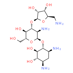 ChemSpider 2D Image | (1R,2R,3S,4R,6S)-4,6-Diamino-2,3-dihydroxycyclohexyl 2-amino-3-O-(5-amino-5-deoxy-beta-D-ribofuranosyl)-2-deoxy-alpha-D-glucopyranoside | C17H34N4O10