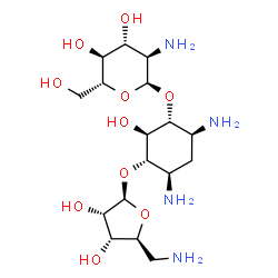 ChemSpider 2D Image | (1R,2S,3S,4R,6S)-4,6-Diamino-3-[(5-amino-5-deoxy-beta-L-ribofuranosyl)oxy]-2-hydroxycyclohexyl 2-amino-2-deoxy-alpha-D-glucopyranoside | C17H34N4O10