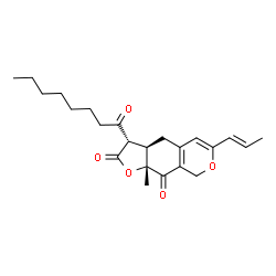 ChemSpider 2D Image | (3S,3aR,9aR)-9a-Methyl-3-octanoyl-6-[(1E)-1-propen-1-yl]-3a,4,8,9a-tetrahydro-2H-furo[3,2-g]isochromene-2,9(3H)-dione | C23H30O5