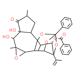 ChemSpider 2D Image | 6,7-Dihydroxy-16-isopropenyl-4,8,18-trimethyl-5-oxo-14-phenyl-9,13,15,19-tetraoxahexacyclo[12.4.1.0~1,11~.0~2,6~.0~8,10~.0~12,16~]nonadec-17-yl benzoate | C34H36O9