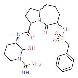 ChemSpider 2D Image | (3S,6S,9aS)-6-[(Benzylsulfonyl)amino]-N-[(3S)-1-carbamimidoyl-2-hydroxy-3-piperidinyl]-5-oxooctahydro-1H-pyrrolo[1,2-a]azepine-3-carboxamide | C23H34N6O5S
