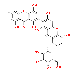 ChemSpider 2D Image | (5R,8S)-1,1',3,4',5,6',8'-Heptahydroxy-9,9'-dioxo-5,7,8,9-tetrahydro-6H,9'H-2,2'-bixanthen-8-yl beta-D-glucopyranoside | C32H28O17