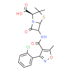 ChemSpider 2D Image | (2S)-6-({[3-(2-Chlorophenyl)-5-methyl-1,2-oxazol-4-yl]carbonyl}amino)-3,3-dimethyl-7-oxo-4-thia-1-azabicyclo[3.2.0]heptane-2-carboxylic acid | C19H18ClN3O5S