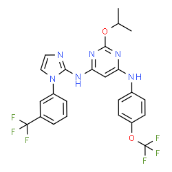 ChemSpider 2D Image | 2-Isopropoxy-N-[4-(trifluoromethoxy)phenyl]-N'-{1-[3-(trifluoromethyl)phenyl]-1H-imidazol-2-yl}-4,6-pyrimidinediamine | C24H20F6N6O2