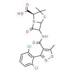 ChemSpider 2D Image | (2S)-6-({[3-(2,6-Dichlorophenyl)-5-methyl-1,2-oxazol-4-yl]carbonyl}amino)-3,3-dimethyl-7-oxo-4-thia-1-azabicyclo[3.2.0]heptane-2-carboxylic acid | C19H17Cl2N3O5S
