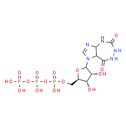ChemSpider 2D Image | 1-[5-O-(Hydroxy{[hydroxy(phosphonooxy)phosphoryl]oxy}phosphoryl)-D-ribofuranosyl]-1,3a,4,6,7,8a-hexahydroimidazo[4,5-e][1,2,4]triazepine-5,8-dione | C10H18N5O15P3