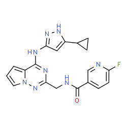 ChemSpider 2D Image | N-({4-[(5-Cyclopropyl-1H-pyrazol-3-yl)amino]pyrrolo[2,1-f][1,2,4]triazin-2-yl}methyl)-6-fluoronicotinamide | C19H17FN8O