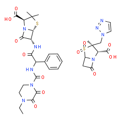ChemSpider 2D Image | (2S,3S)-3-Methyl-7-oxo-3-(1H-1,2,3-triazol-1-ylmethyl)-4-thia-1-azabicyclo[3.2.0]heptane-2-carboxylic acid 4,4-dioxide - (2S,5R,6R)-6-{[{[(4-ethyl-2,3-dioxo-1-piperazinyl)carbonyl]amino}(phenyl)acetyl
]amino}-3,3-dimethyl-7-oxo-4-thia-1-azabicyclo[3.2.0]heptane-2-carboxylic acid (1:1) | C33H39N9O12S2