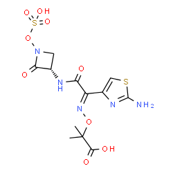 ChemSpider 2D Image | 2-({(E)-[1-(2-Amino-1,3-thiazol-4-yl)-2-oxo-2-{[(3S)-2-oxo-1-(sulfooxy)-3-azetidinyl]amino}ethylidene]amino}oxy)-2-methylpropanoic acid | C12H15N5O9S2