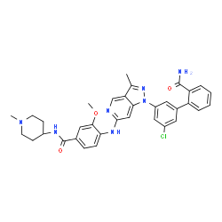 ChemSpider 2D Image | 3'-Chloro-5'-[6-({2-methoxy-4-[(1-methyl-4-piperidinyl)carbamoyl]phenyl}amino)-3-methyl-1H-pyrazolo[4,3-c]pyridin-1-yl]-2-biphenylcarboxamide | C34H34ClN7O3