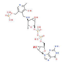 ChemSpider 2D Image | [(2R,3S,4R,5R)-5-(2-amino-6-oxo-1,6-dihydro-9H-purin-9-yl)-3,4-dihydroxytetrahydrofuran-2-yl]methyl (2R,3S,4S,5S,6R)-3,4-dihydroxy-5-[({3-hydroxy-2-methyl-5-[(phosphonooxy)methyl]pyridin-4-yl}methyl)amino]-6-methyltetrahydro-2H-pyran-2-yl dihydrogen | C24H36N7O19P3