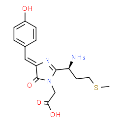 ChemSpider 2D Image | [(4Z)-2-[(1S)-1-Amino-3-(methylsulfanyl)propyl]-4-(4-hydroxybenzylidene)-5-oxo-4,5-dihydro-1H-imidazol-1-yl]acetic acid | C16H19N3O4S