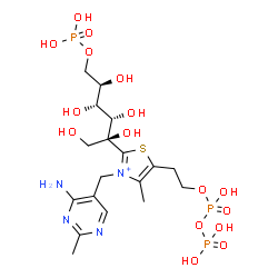 ChemSpider 2D Image | 2-C-{3-[(4-Amino-2-methyl-5-pyrimidinyl)methyl]-5-(2-{[hydroxy(phosphonooxy)phosphoryl]oxy}ethyl)-4-methyl-1,3-thiazol-3-ium-2-yl}-6-O-phosphono-D-glucitol | C18H32N4O16P3S
