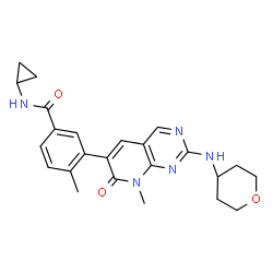 ChemSpider 2D Image | N-Cyclopropyl-4-methyl-3-[8-methyl-7-oxo-2-(tetrahydro-2H-pyran-4-ylamino)-7,8-dihydropyrido[2,3-d]pyrimidin-6-yl]benzamide | C24H27N5O3